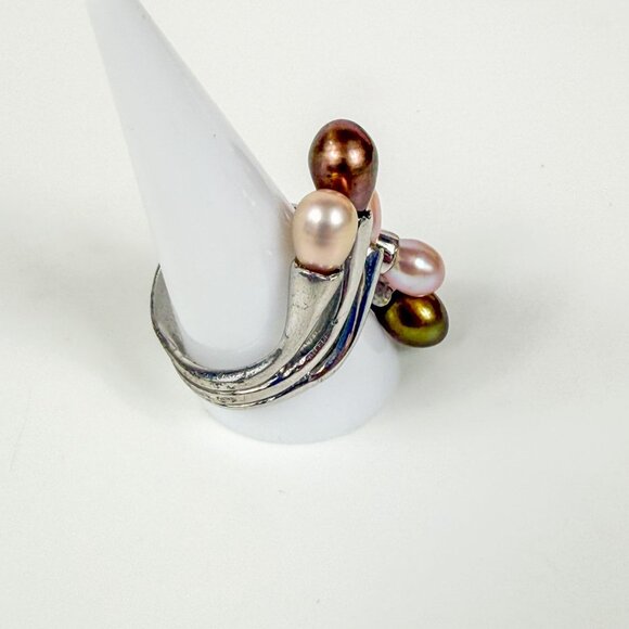 Artisan Sterling Silver Biomorphic Wrap Ring 6 Multicolor Pearls Size 10 - Picture 3 of 6